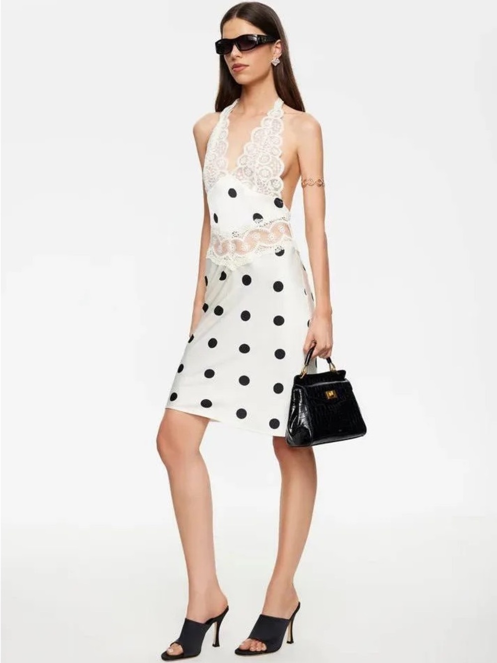 NWT Lioness White Lace Halter Mini Dress with Black Polka Dots